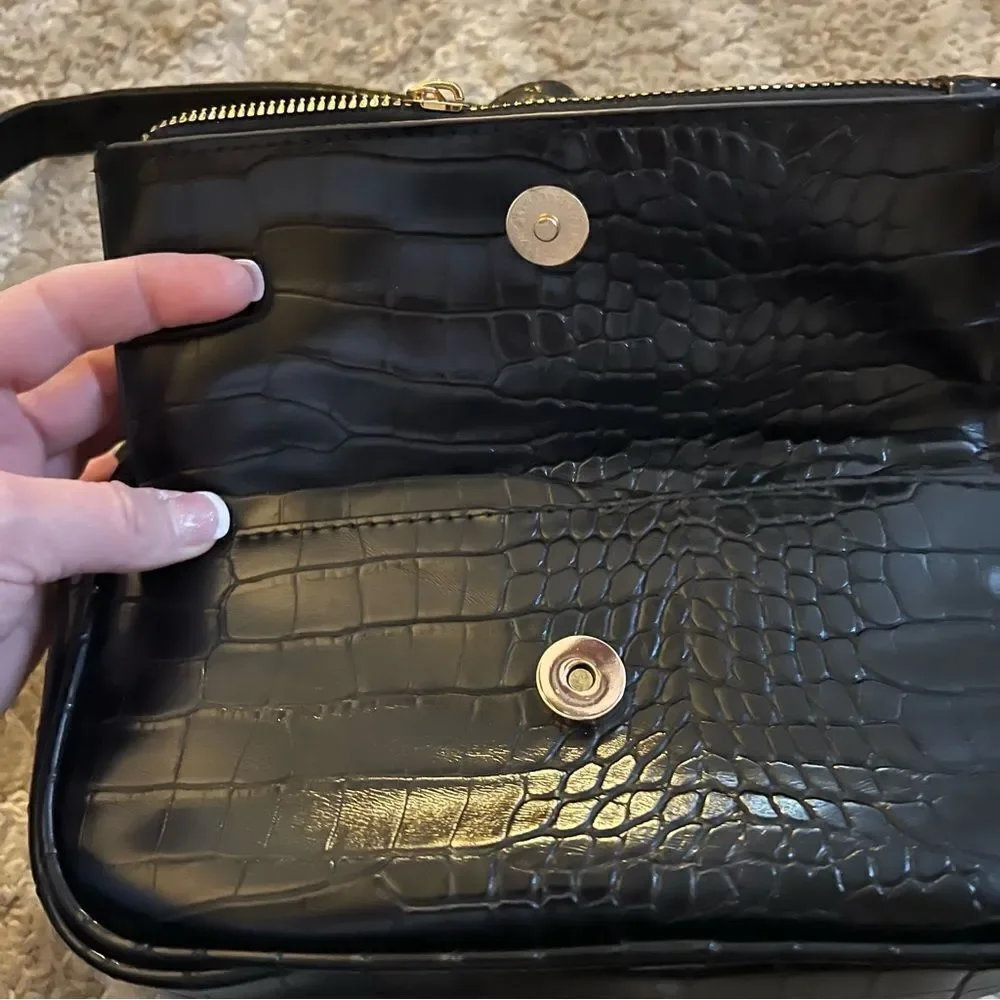 Alexis Bendel Black Croc Crossbody Bag with Orange and White Accents